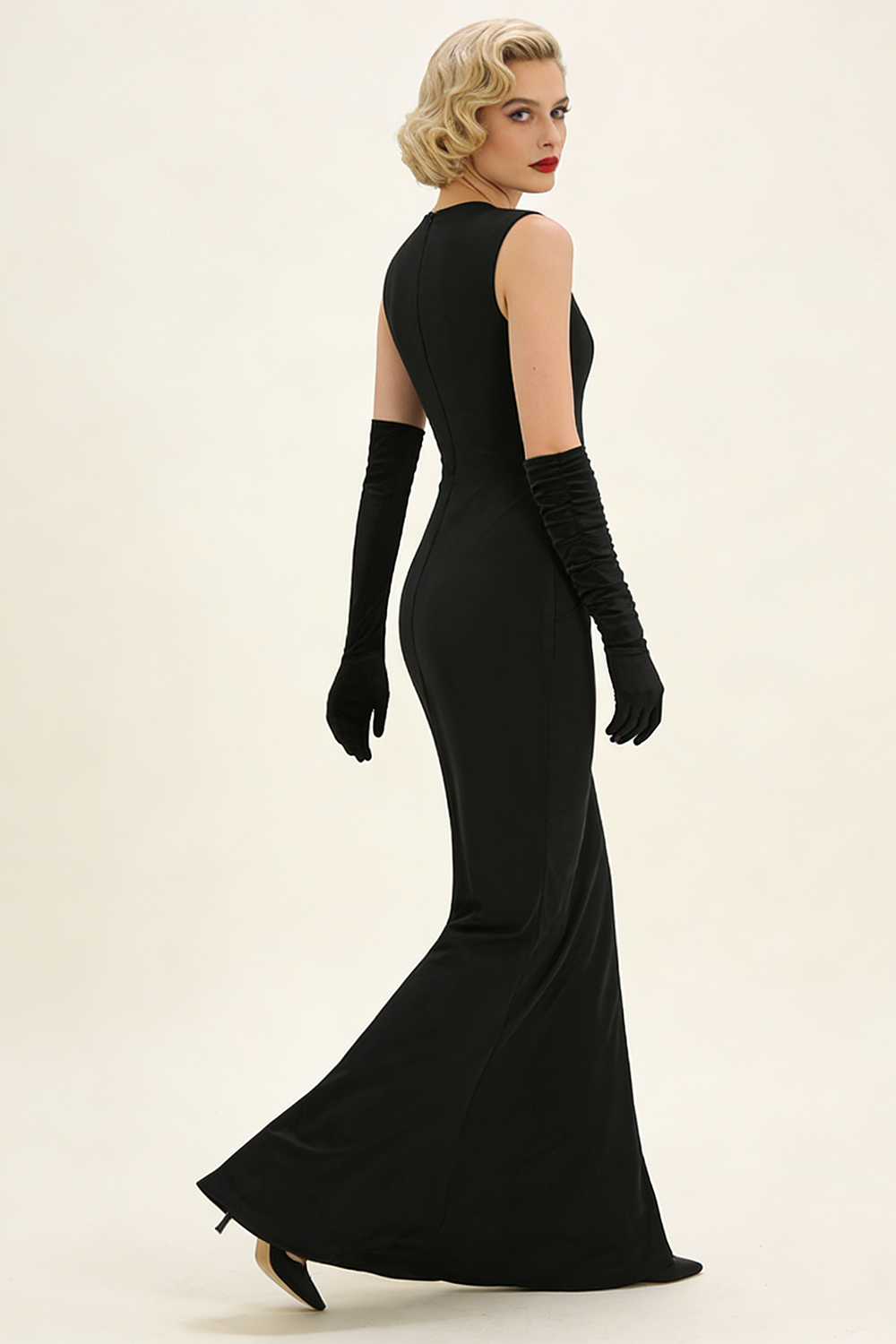 Sequin Detail Gown in Black With Gloves