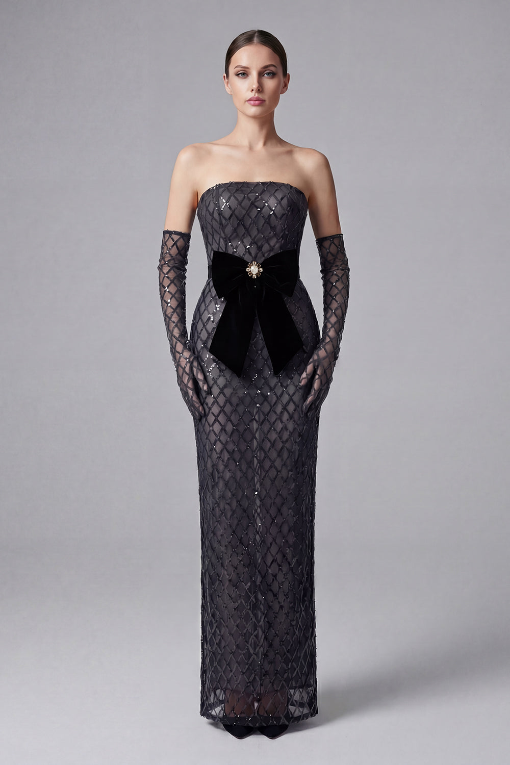 Sequin Embellished Maxi Dress in Black With Gloves