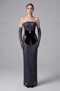 Sequin Embellished Maxi Dress in Black With Gloves