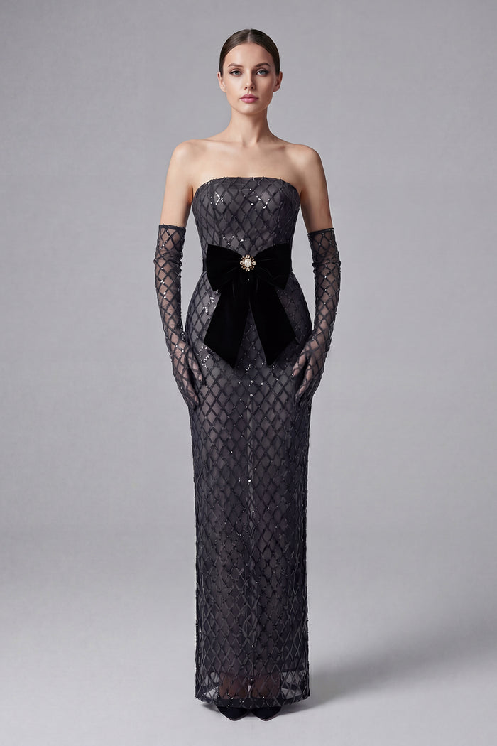 Sequin Embellished Maxi Dress in Black With Gloves
