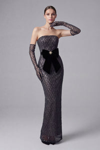 Sequin Embellished Maxi Dress in Black With Gloves