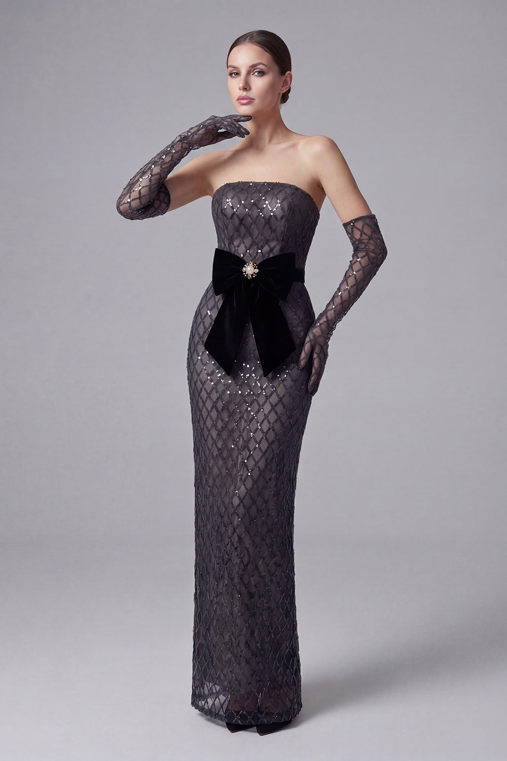 Sequin Embellished Maxi Dress in Black With Gloves