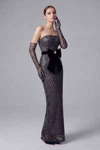Sequin Embellished Maxi Dress in Black With Gloves
