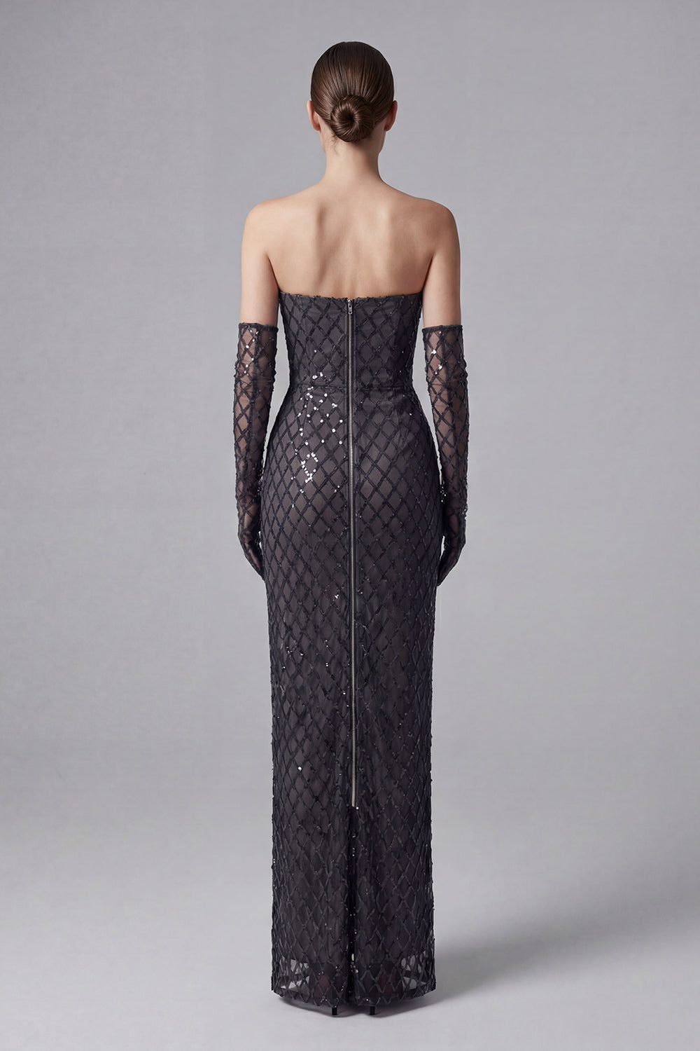 Sequin Embellished Maxi Dress in Black With Gloves