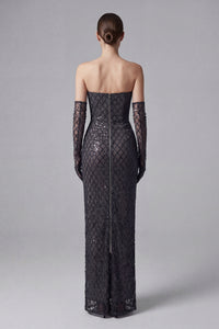 Sequin Embellished Maxi Dress in Black With Gloves