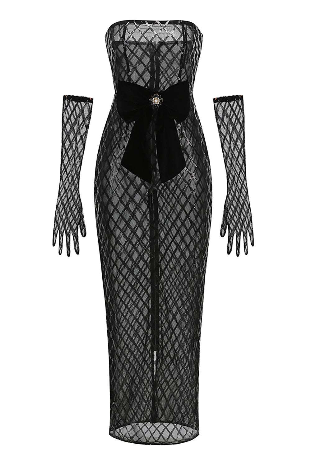 Sequin Embellished Maxi Dress in Black With Gloves