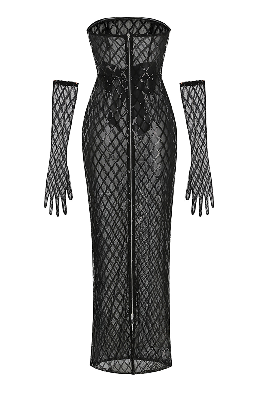 Sequin Embellished Maxi Dress in Black With Gloves