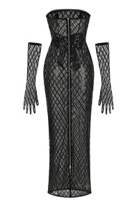 Sequin Embellished Maxi Dress in Black With Gloves