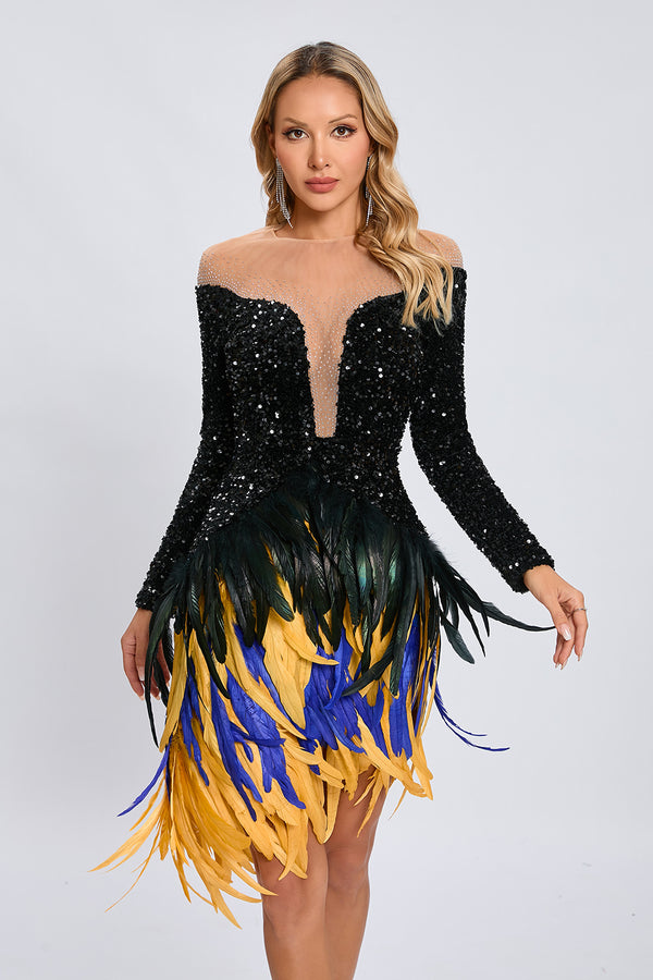 Sequin Feather-Embellished Mini Dress