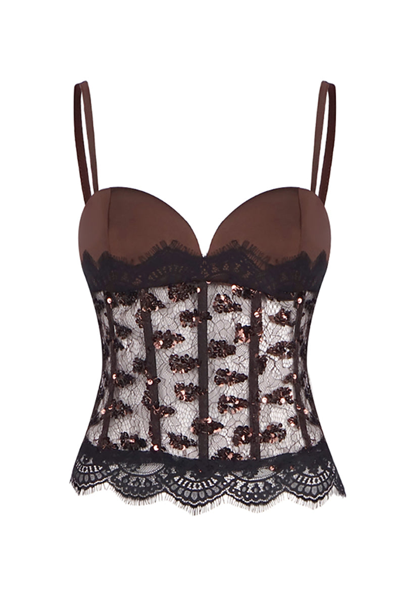 Sequin Lace Corset Top in Brown