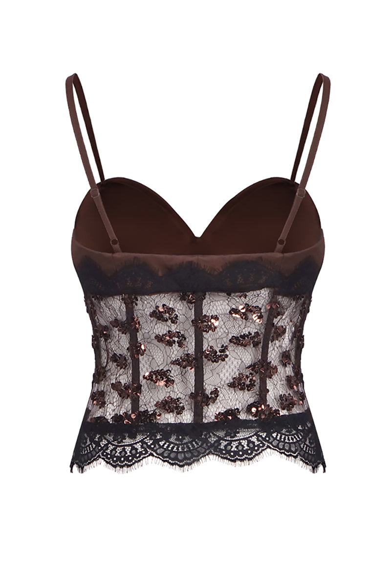 Sequin Lace Corset Top in Brown