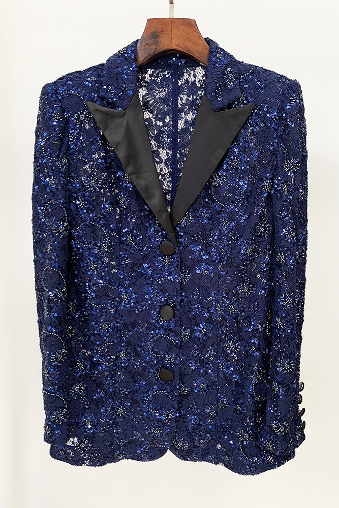 Sequin Lace See-Through Blazer Pant Suits