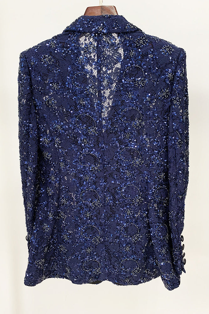 Sequin Lace See-Through Blazer Pant Suits