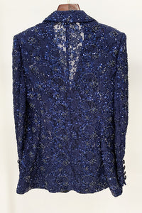 Sequin Lace See-Through Blazer Pant Suits