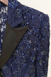 Sequin Lace See-Through Blazer Pant Suits