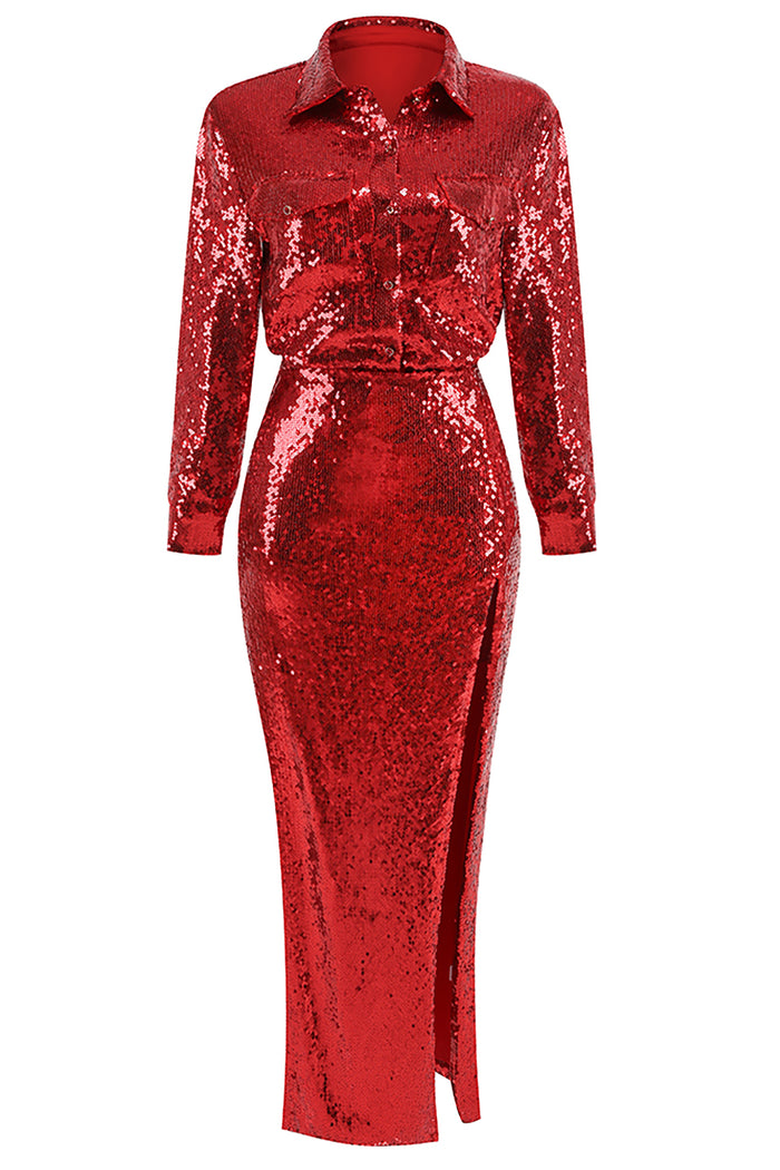 Sequin High Slit Dress in Red