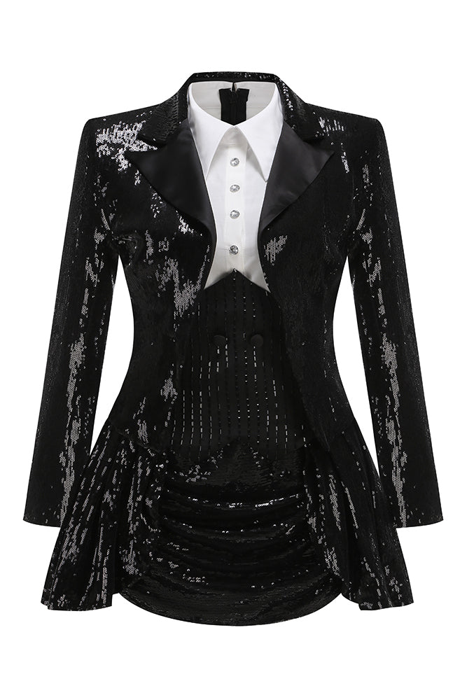 Black sequin blazer with a white shirt on a white background