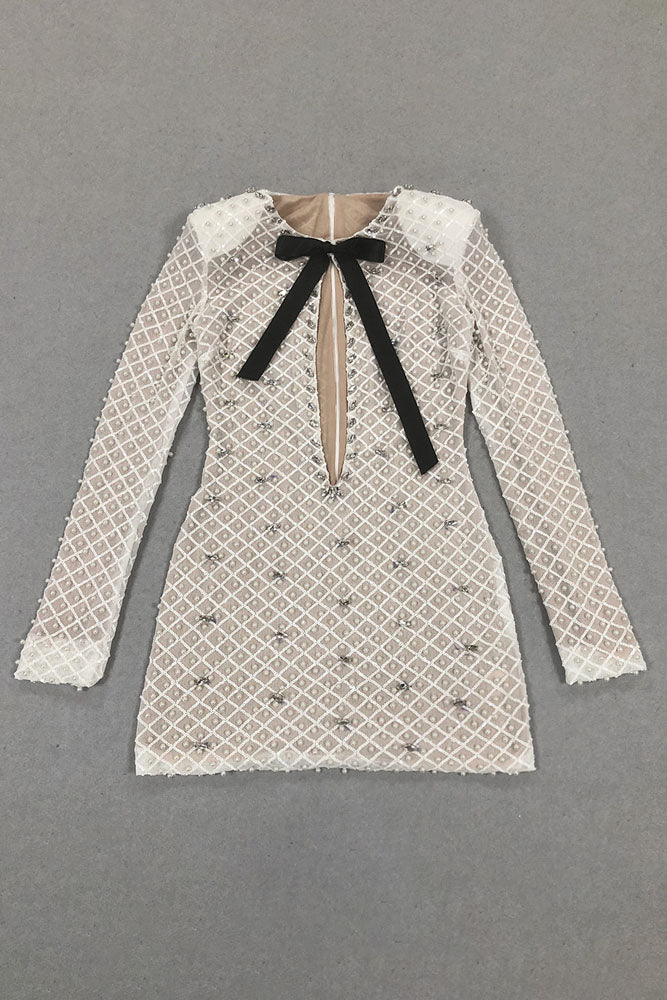 white long sleeve fishnet dress Leyna White Mesh Long Sleeve Dress - US 4