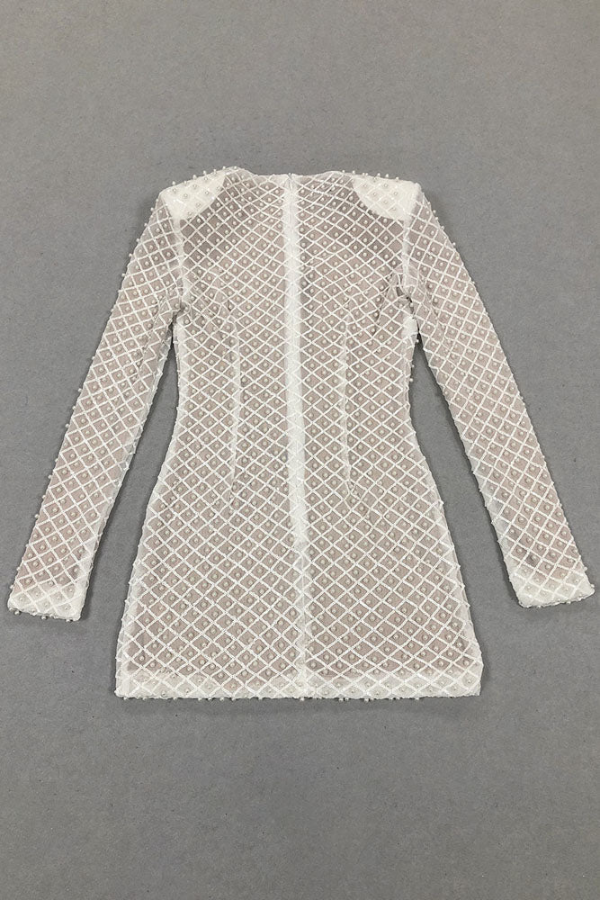 white fishnet bodycon dress One Shoulder Pearl Fishnet Mini Dress