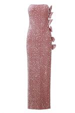 Sequinned Bustier Bow Midi Dress in Rose Red