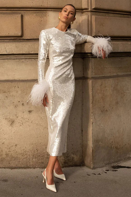 long sleeve feather wedding dress Elegant Long Sleeve Ball Gown Wedding Dress with Plumage Embellishments Aurelia 14US/46FR/18UK / Milk+nude