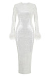 Sequinned Long sleeves Feather-trim Midi Dress in White