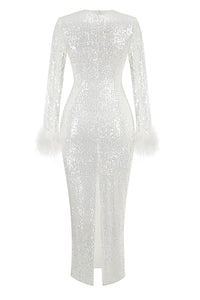 Sequinned Long sleeves Feather-trim Midi Dress in White