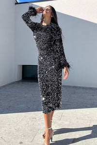 Sequins Long sleeves Feather-trim Midi Dress