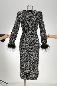 Sequins Long sleeves Feather-trim Midi Dress