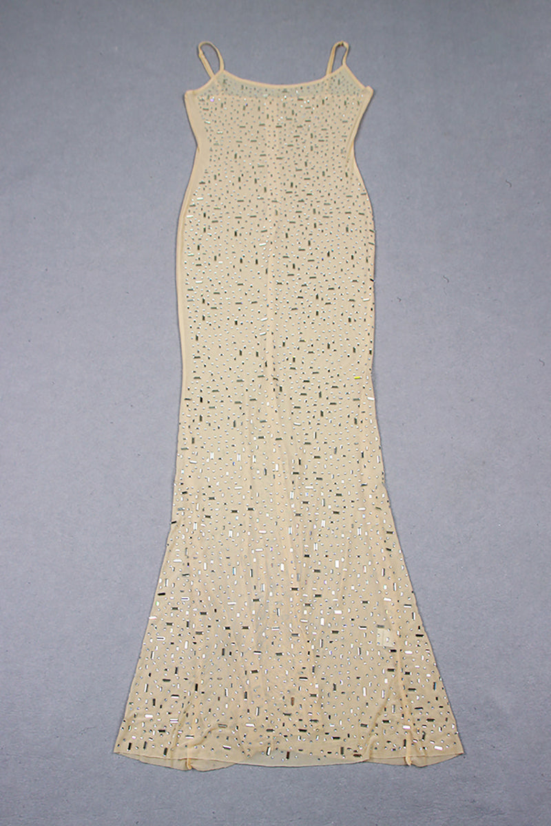 Sheer Crystal Embellished Strappy Evening Gown in Butter