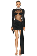 Sheer Crystal Halter Mini Bandage Dress in Black
