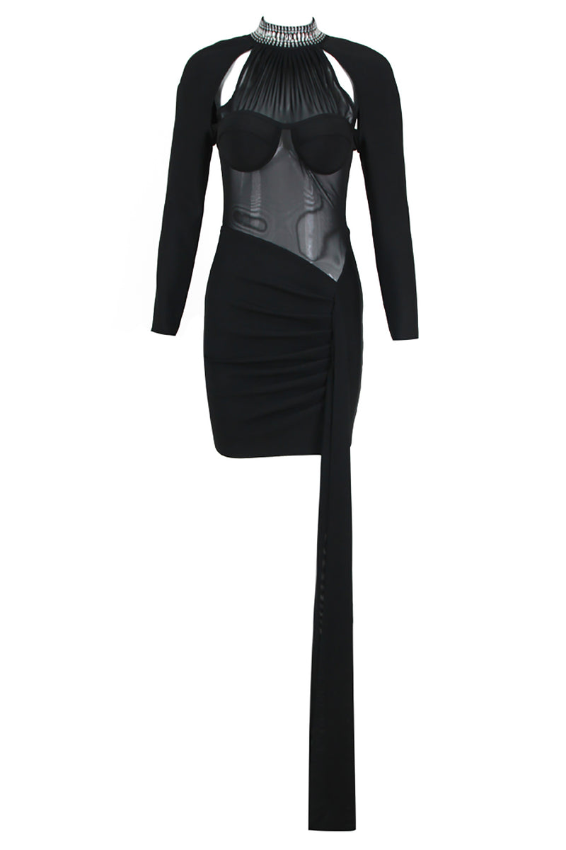 Sheer Crystal Halter Mini Bandage Dress in Black