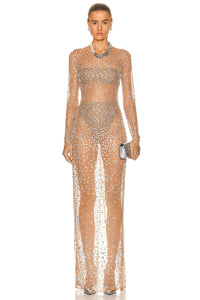 Vestido Vinci de malla transparente con adornos de cristal