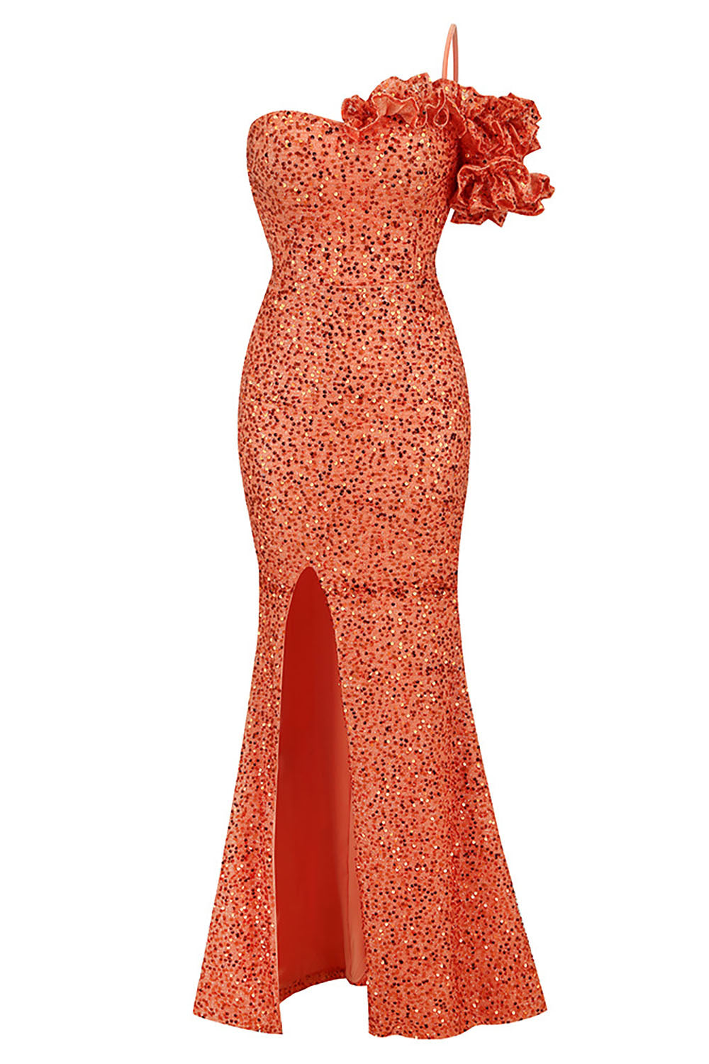 Shiny Sequins One Shoulder Slits Long Dress In Orange