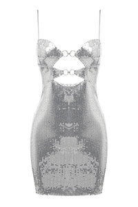 Mini-robe argentée en tulle à sequins et découpes ornées