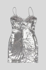Silver Embellished Cutout Sequin Tulle Mini Dress