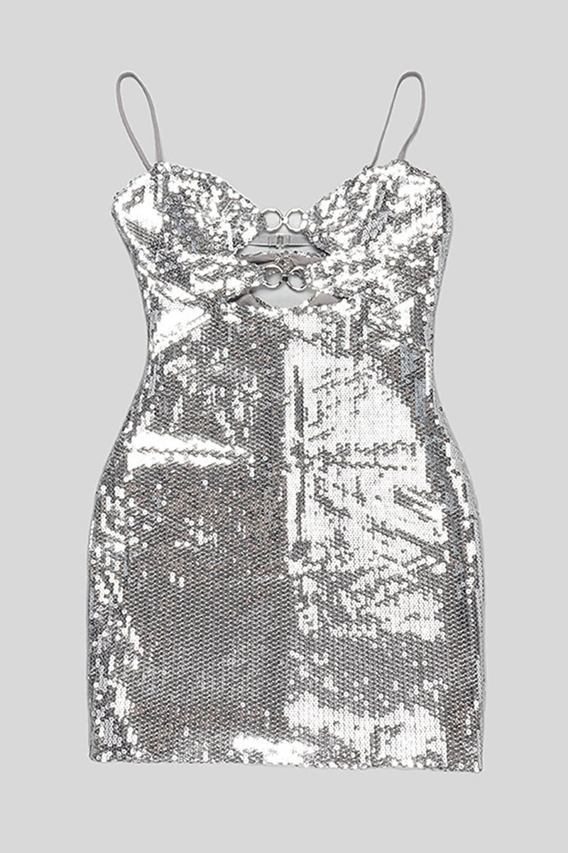 Silver Embellished Cutout Sequin Tulle Mini Dress