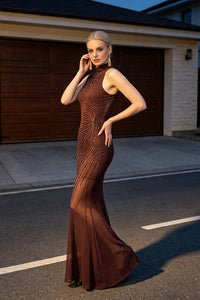 Sleeveless Crystal Mesh Maxi Dress in Brown