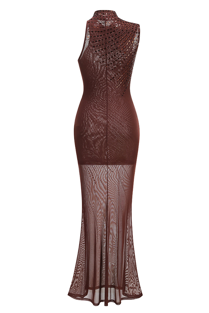 Sleeveless Crystal Mesh Maxi Dress in Brown