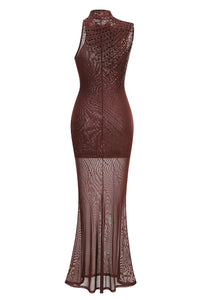Sleeveless Crystal Mesh Maxi Dress in Brown