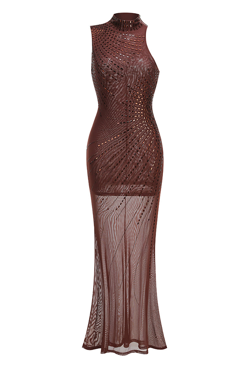 Sleeveless Crystal Mesh Maxi Dress in Brown