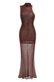 Sleeveless Crystal Mesh Maxi Dress in Brown