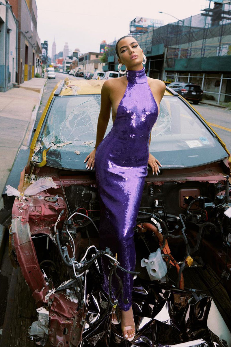 Sleeveless Halterneck Sequin Dress In Purple