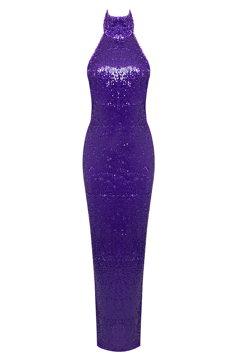 Sleeveless Halterneck Sequin Dress In Purple