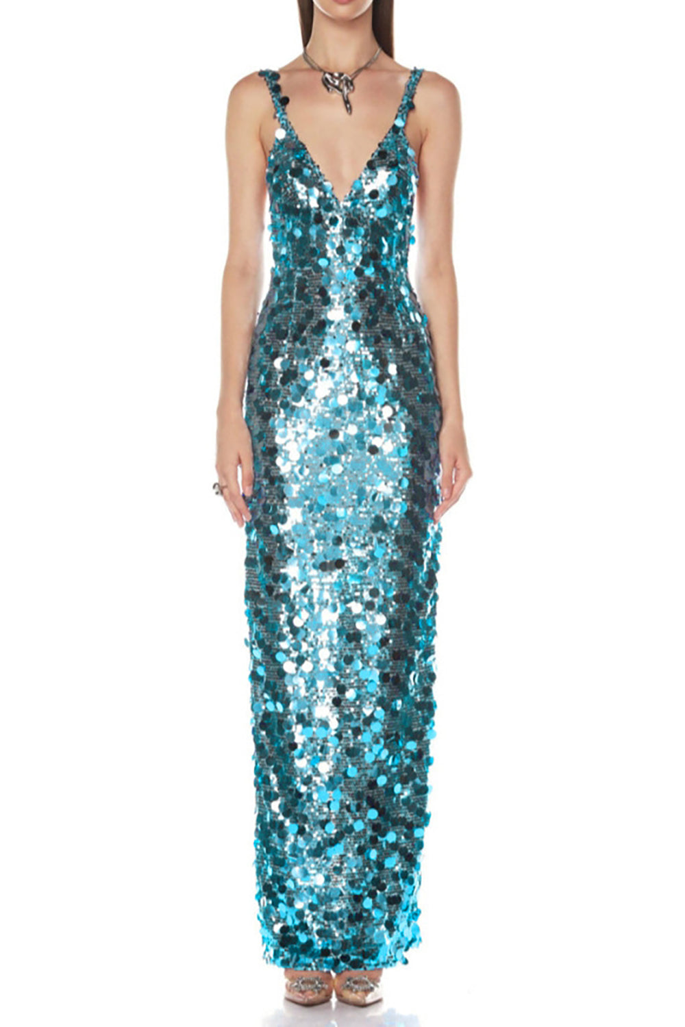 Slinky Sequin-embellished V-neck Gown