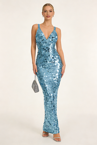Slinky Sequin-embellished V-neck Gown