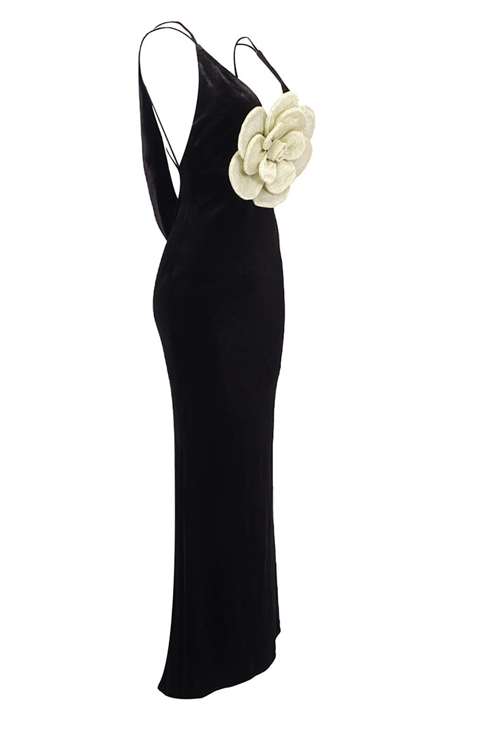 Slip Deep V 3D Flower Maxi Velvet Dress