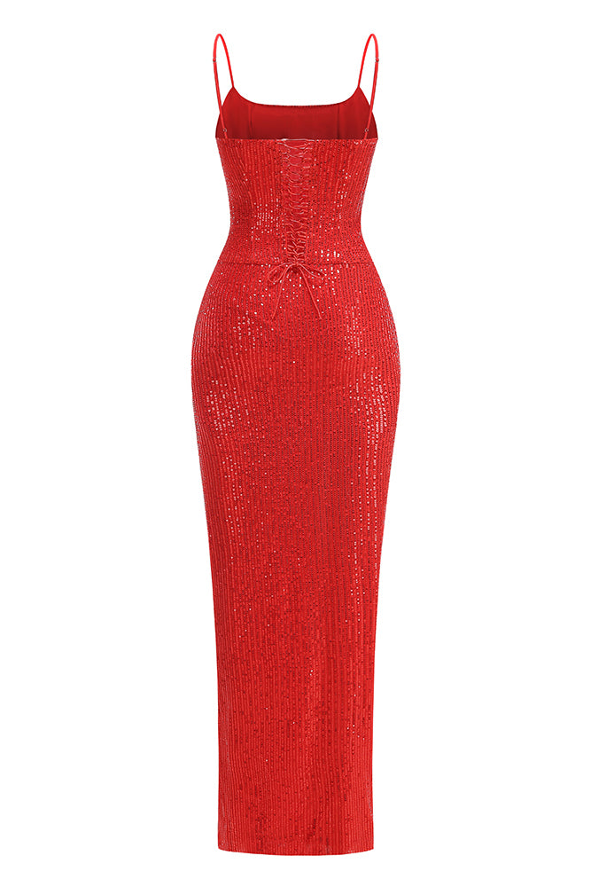 Slip Sequin Draped Slit Gown In Red