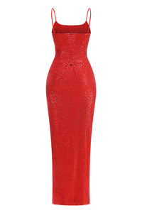 Slip Sequin Draped Slit Gown In Red