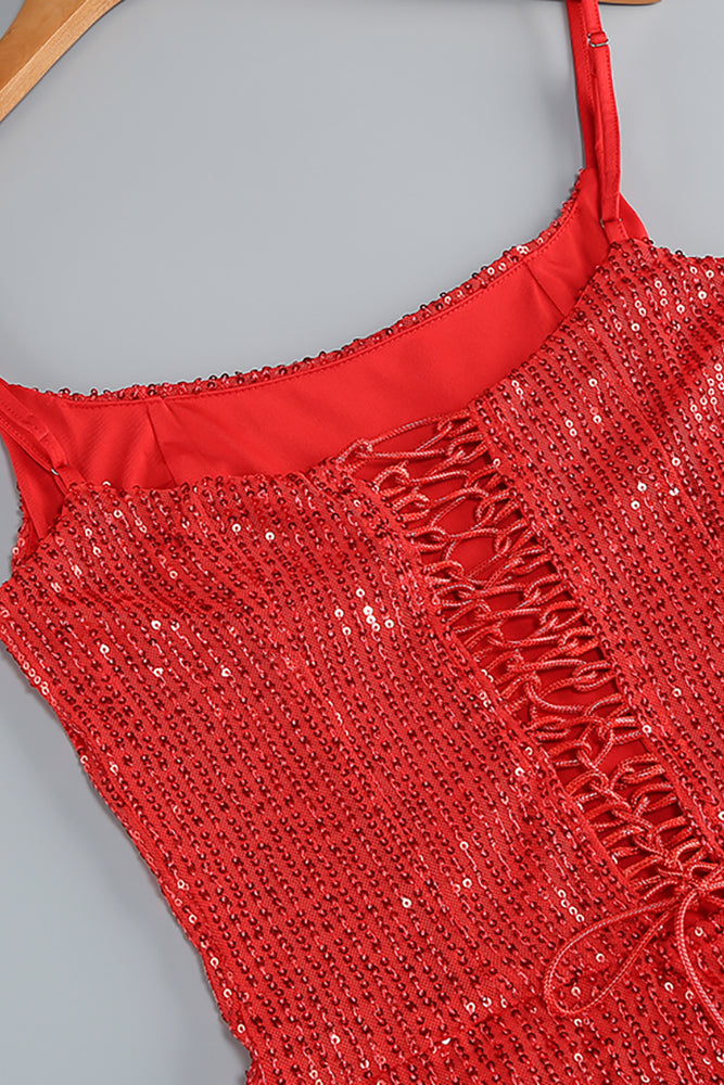 Slip Sequin Draped Slit Gown In Red